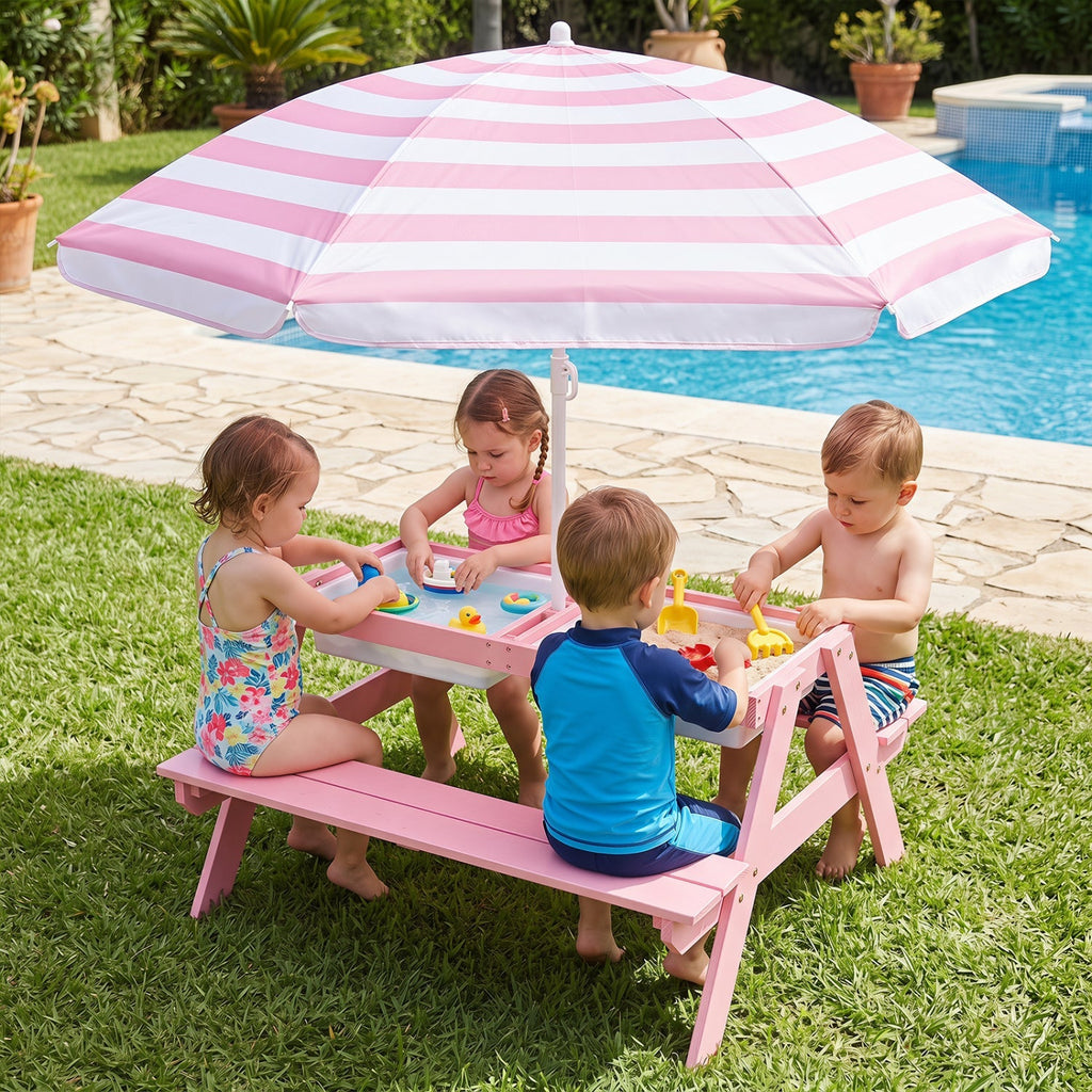Kids Outdoor Picnic Sand & Water Table with Umbrella