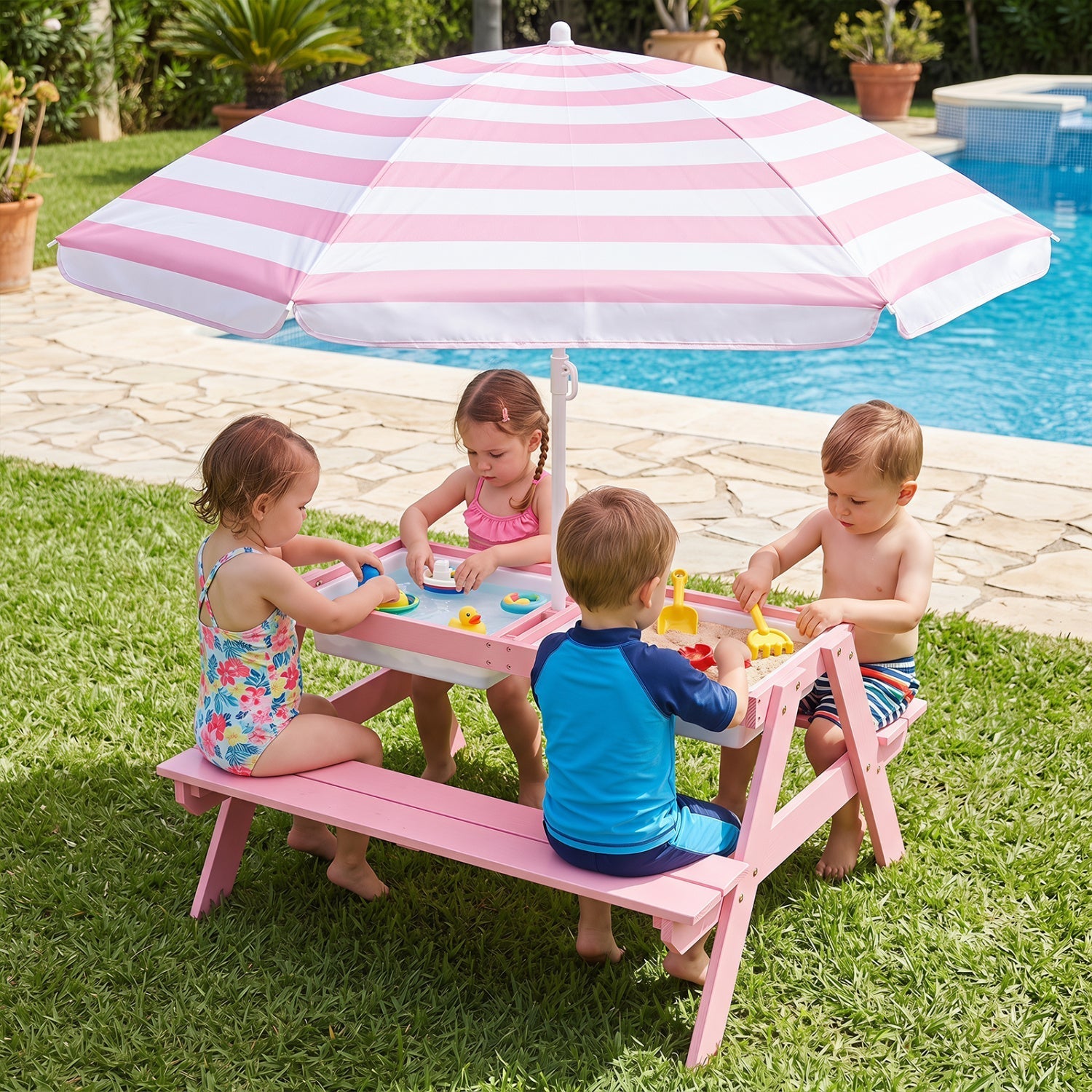 Kids Outdoor Picnic Sand & Water Table with Umbrella