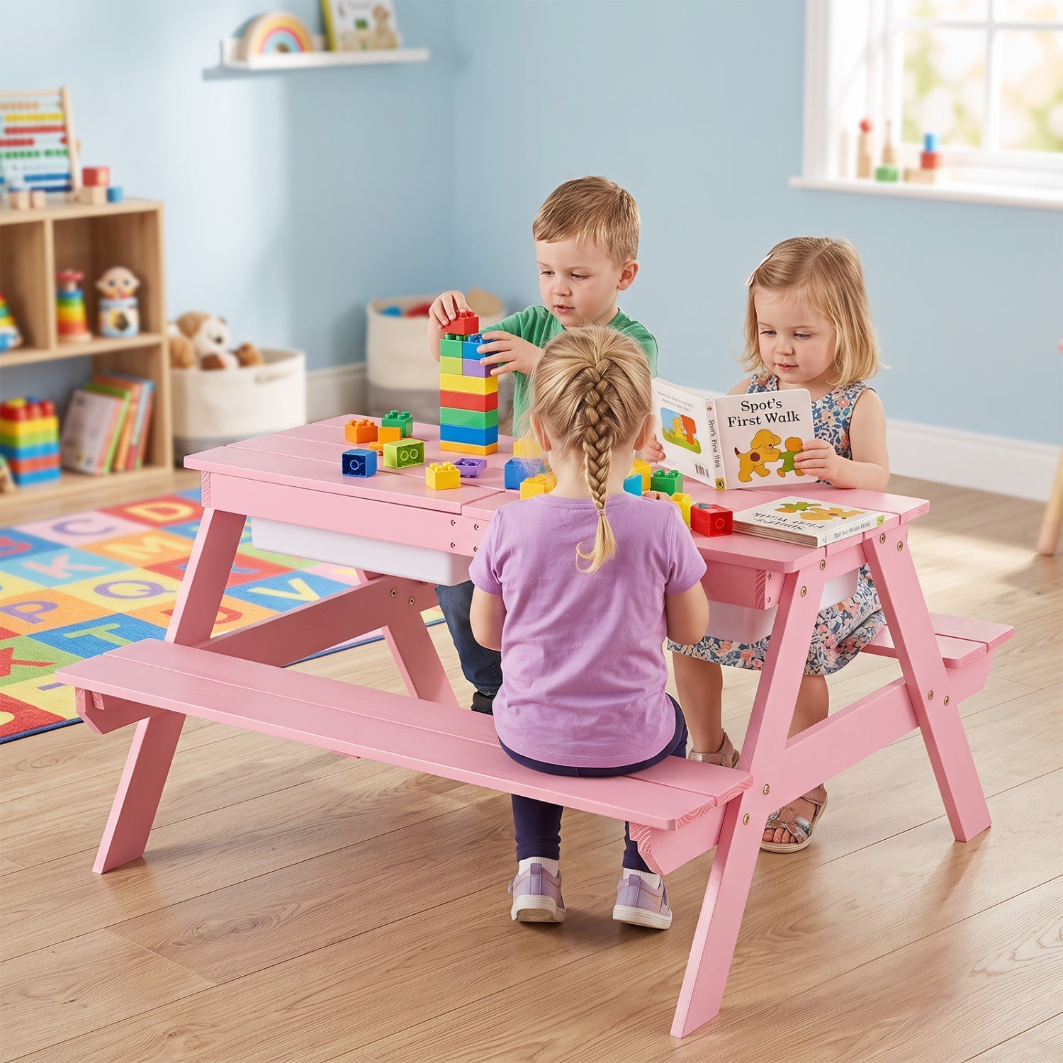 Kids Outdoor Picnic Sand & Water Table with Umbrella