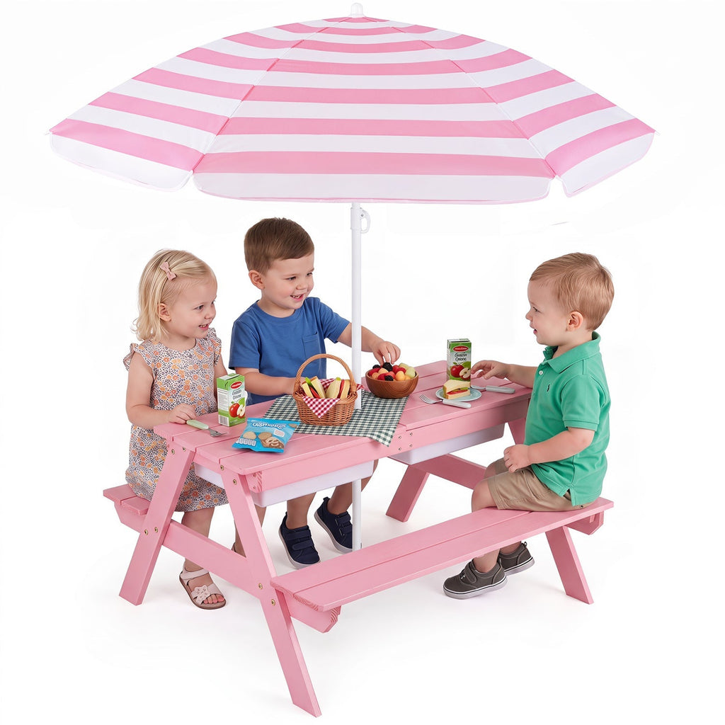 Kids Outdoor Picnic Sand & Water Table with Umbrella
