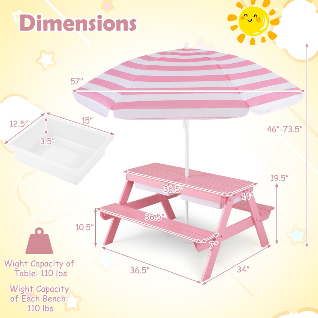 Kids Outdoor Picnic Sand & Water Table with Umbrella