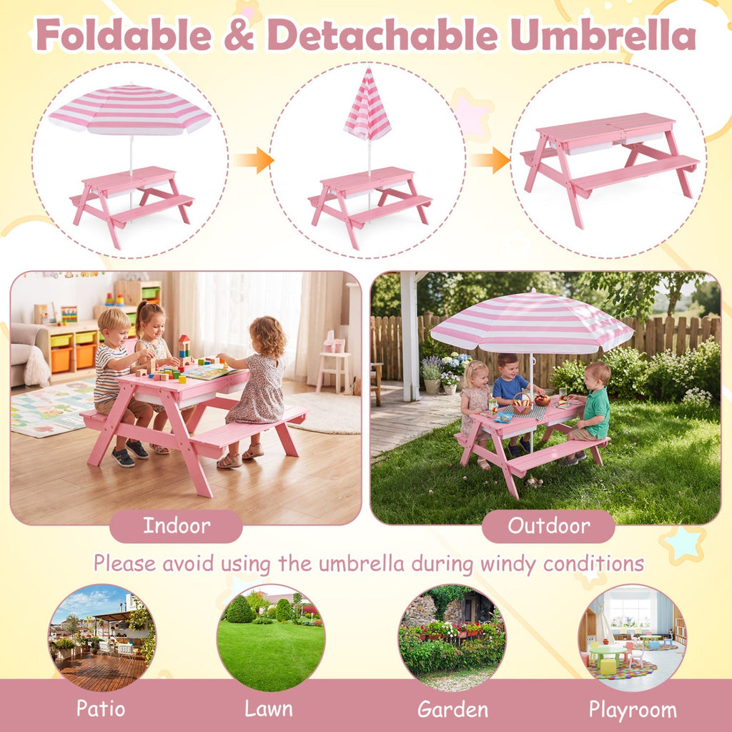 Kids Outdoor Picnic Sand & Water Table with Umbrella