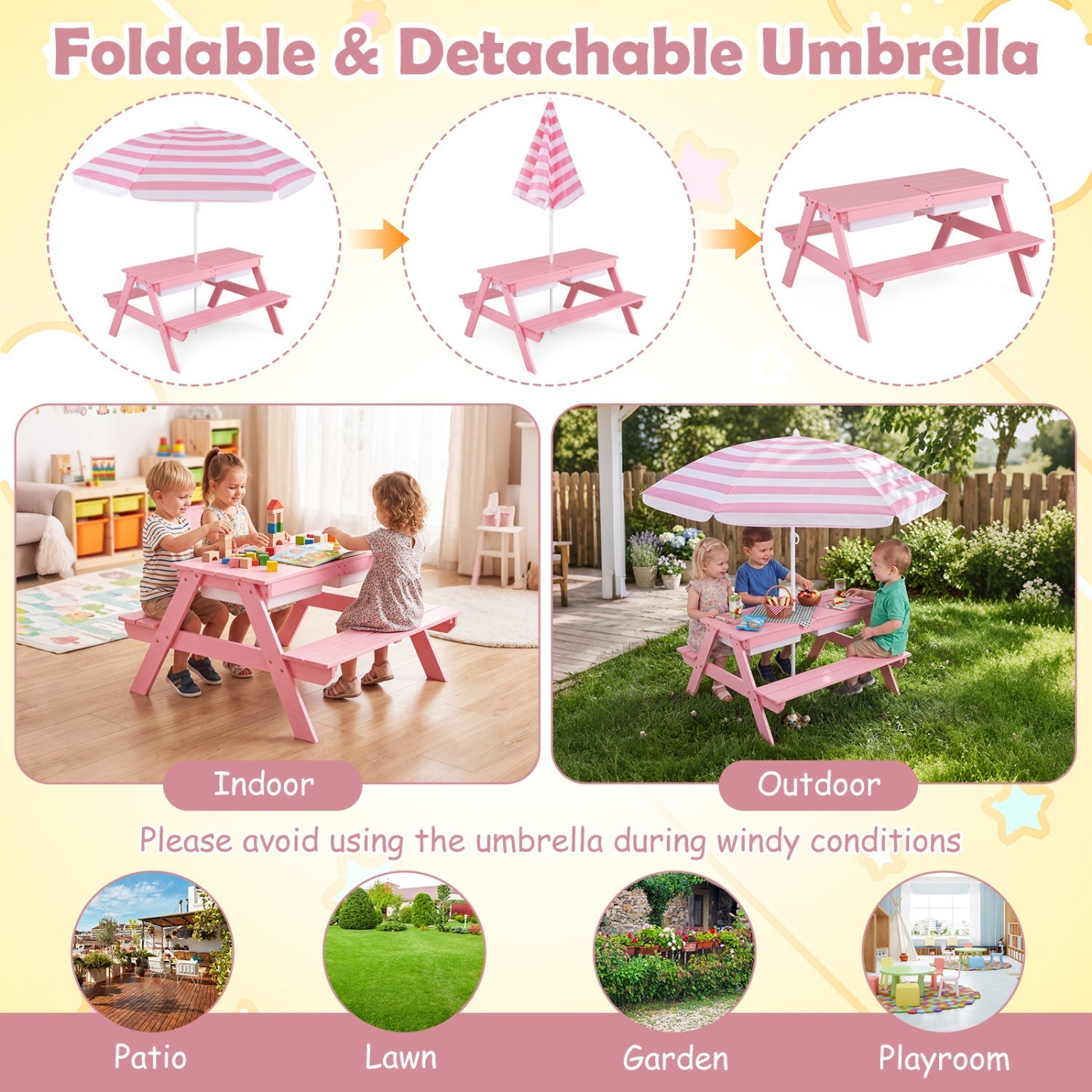 Kids Outdoor Picnic Sand & Water Table with Umbrella