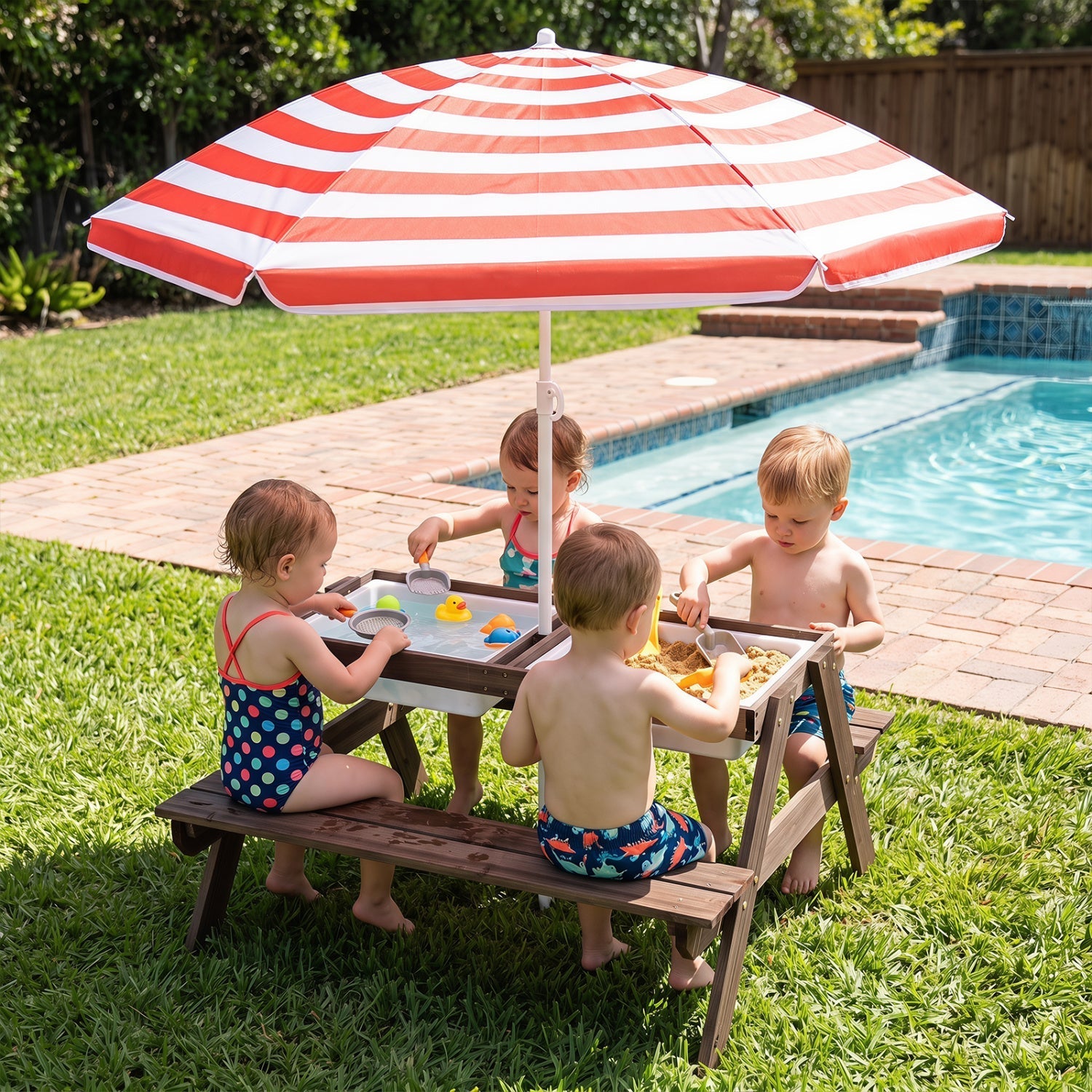 Kids Outdoor Picnic Sand & Water Table with Umbrella