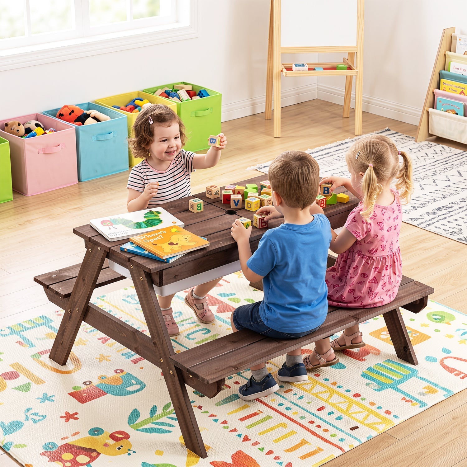 Kids Outdoor Picnic Sand & Water Table with Umbrella