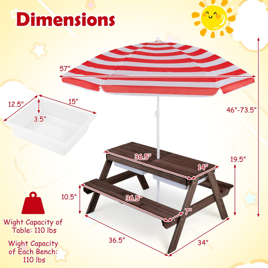 Kids Outdoor Picnic Sand & Water Table with Umbrella