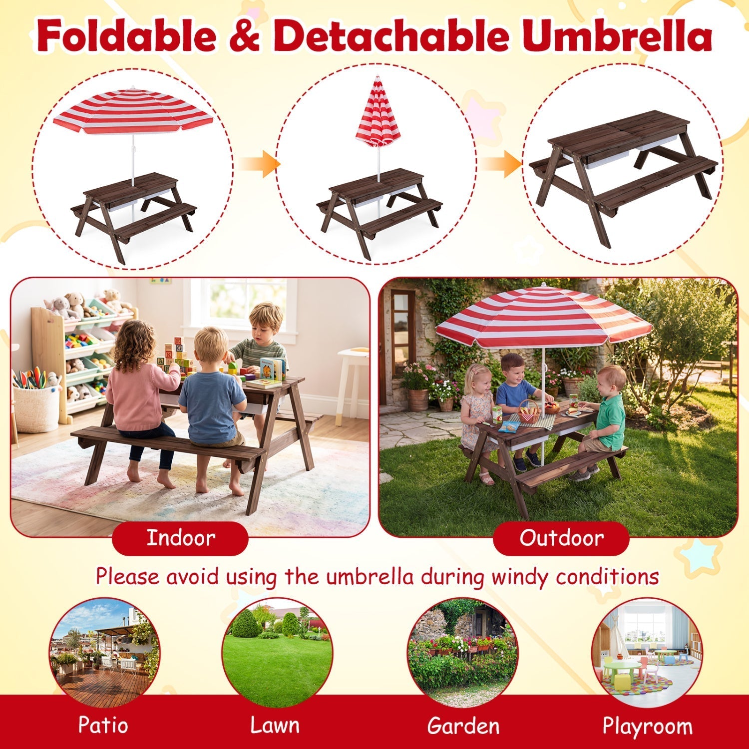 Kids Outdoor Picnic Sand & Water Table with Umbrella