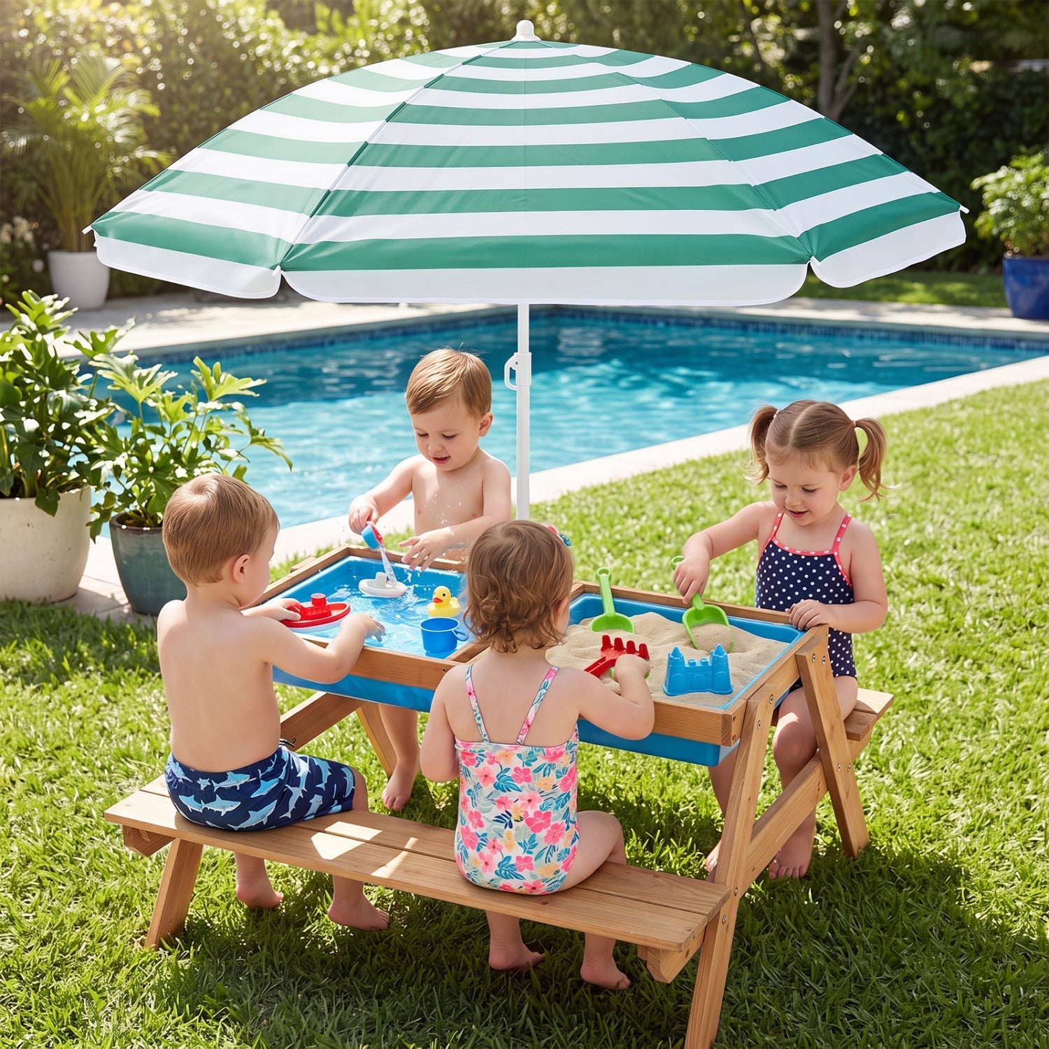 Kids Outdoor Picnic Sand & Water Table with Umbrella
