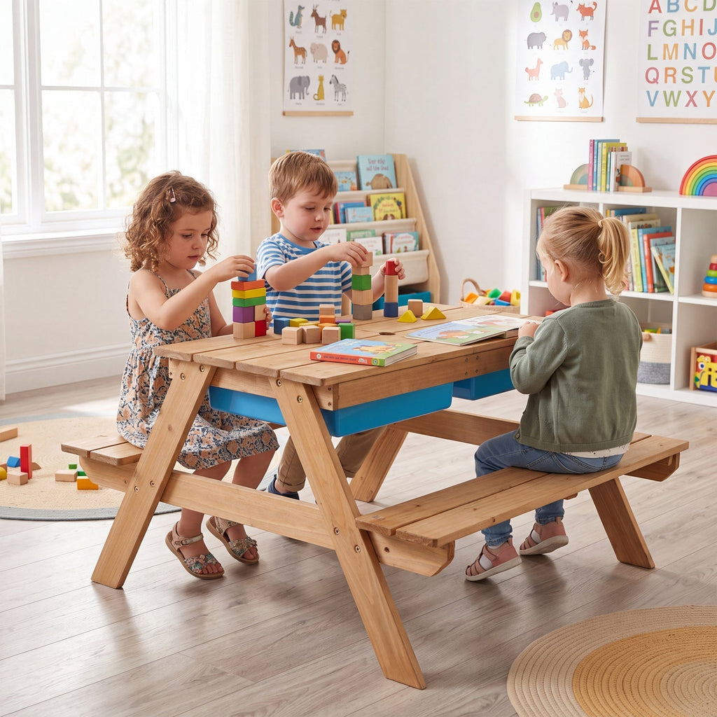 Kids Outdoor Picnic Sand & Water Table with Umbrella