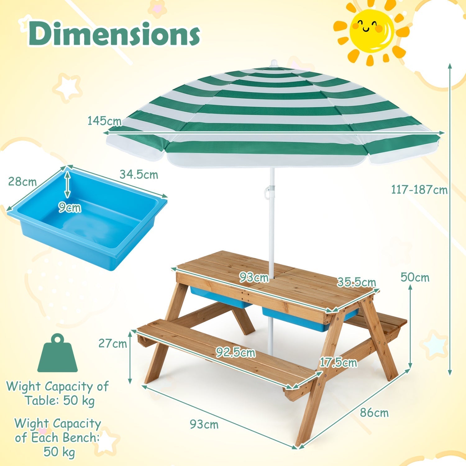 Kids Outdoor Picnic Sand & Water Table with Umbrella