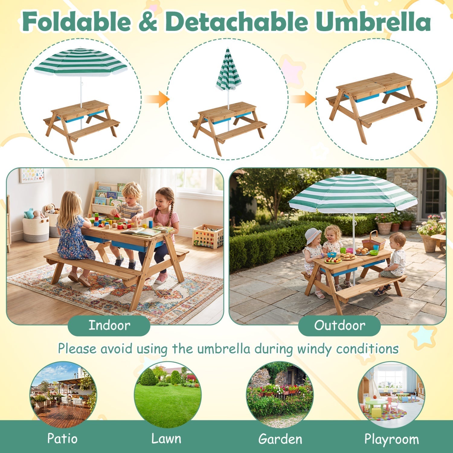 Kids Outdoor Picnic Sand & Water Table with Umbrella