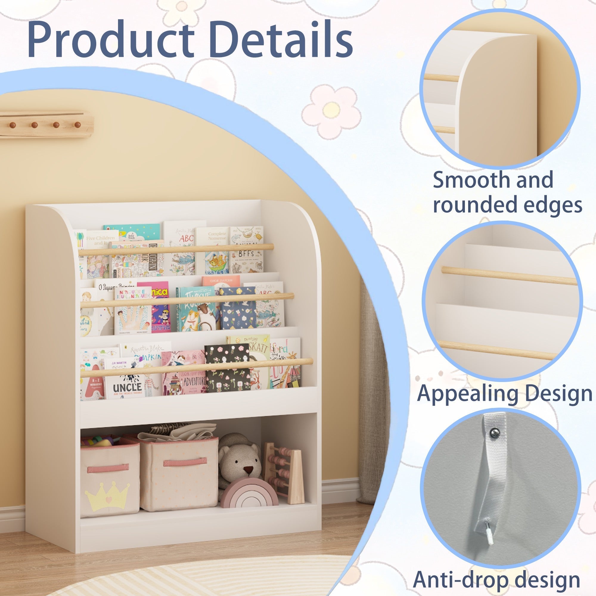 Kids 3-Tier Front-Facing Bookshelf & Toy Storage – White