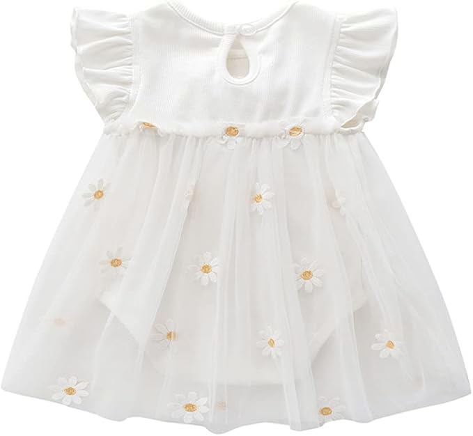 Baby Girl Daisy Romper Dress – Breathable Cotton & Ruffle Sleeves