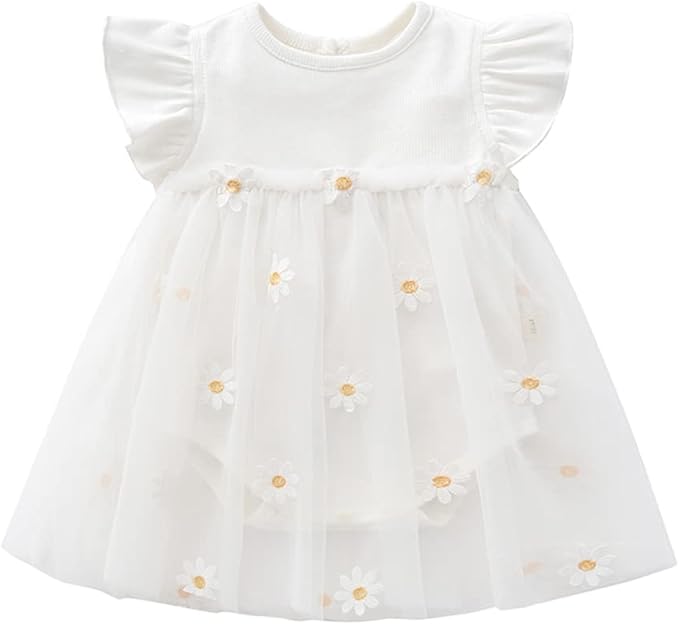 Baby Girl Daisy Romper Dress – Breathable Cotton & Ruffle Sleeves