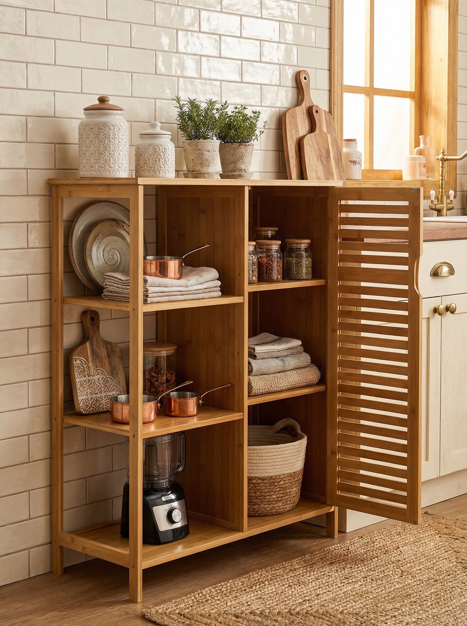 4-Tier Bamboo-Style Floor Storage Cabinet