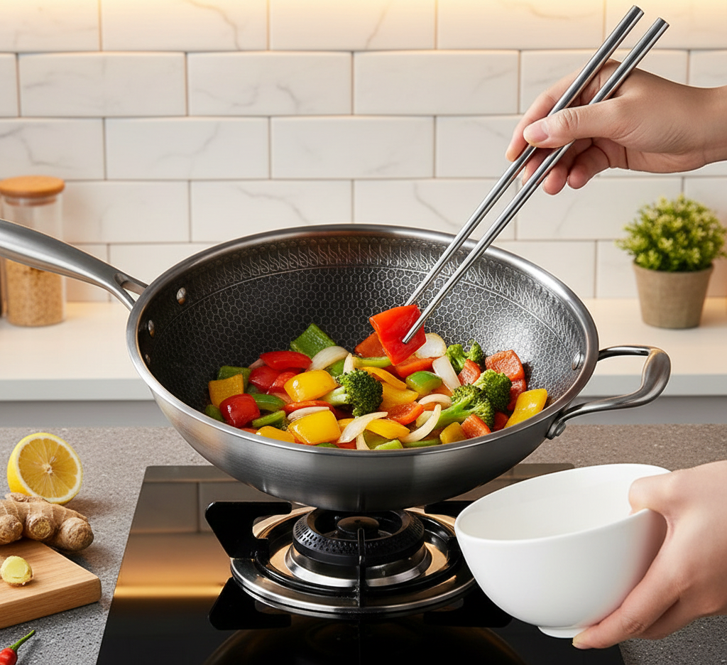 13.3" Stainless Steel Wok Set with Lid & Spatula