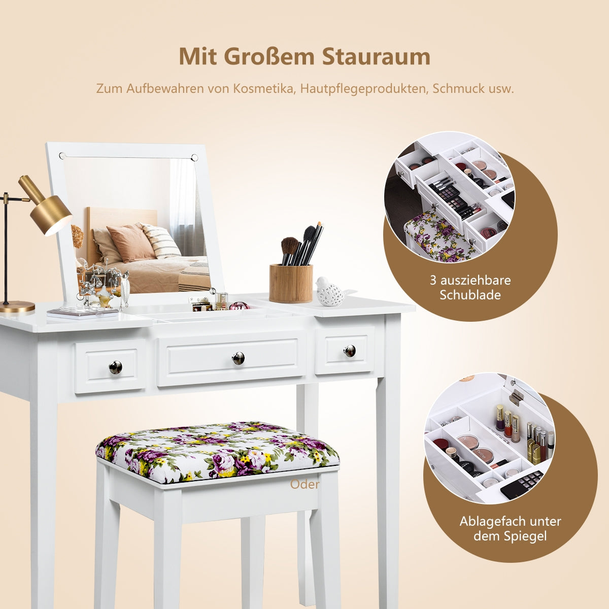 Vanity Table with Flip-Top Mirror & 3 Drawers