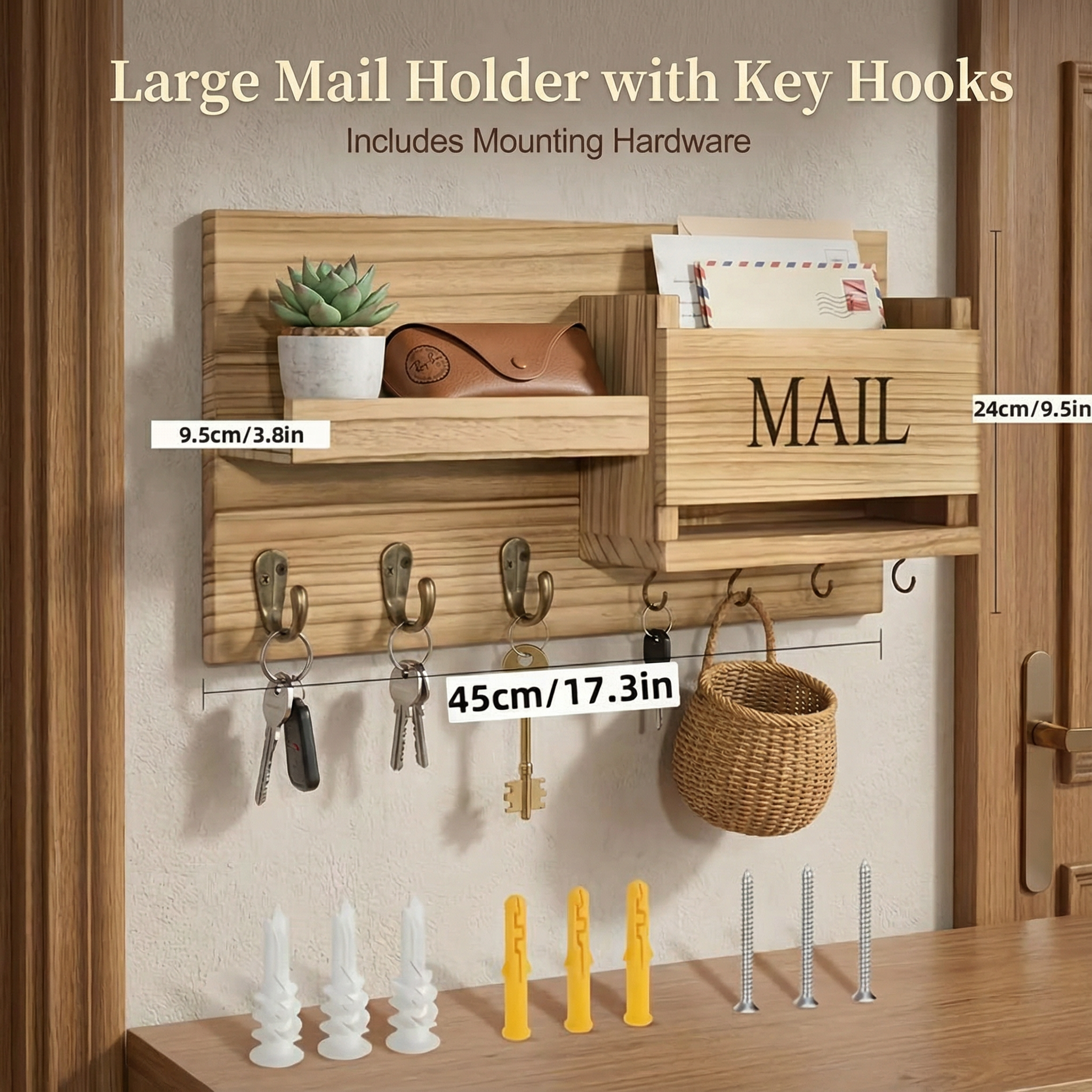 Vintage Wood Wall Organizer with Hooks & Mail Rack