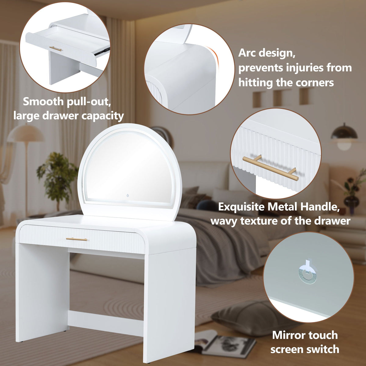 White Makeup Vanity with Touchscreen Lighted Mirror