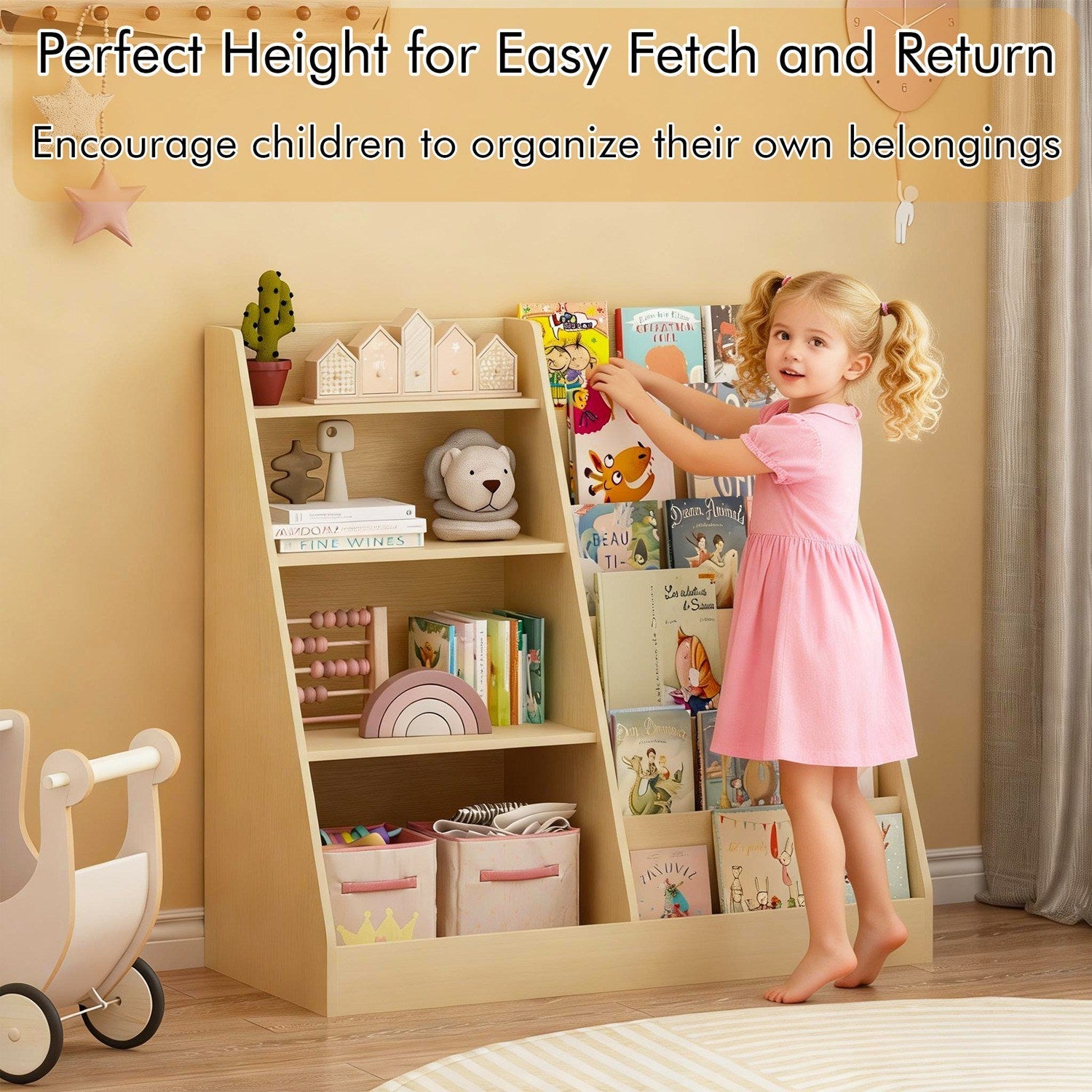 Kids Bookshelf & Toy Organizer – Natural or Pink