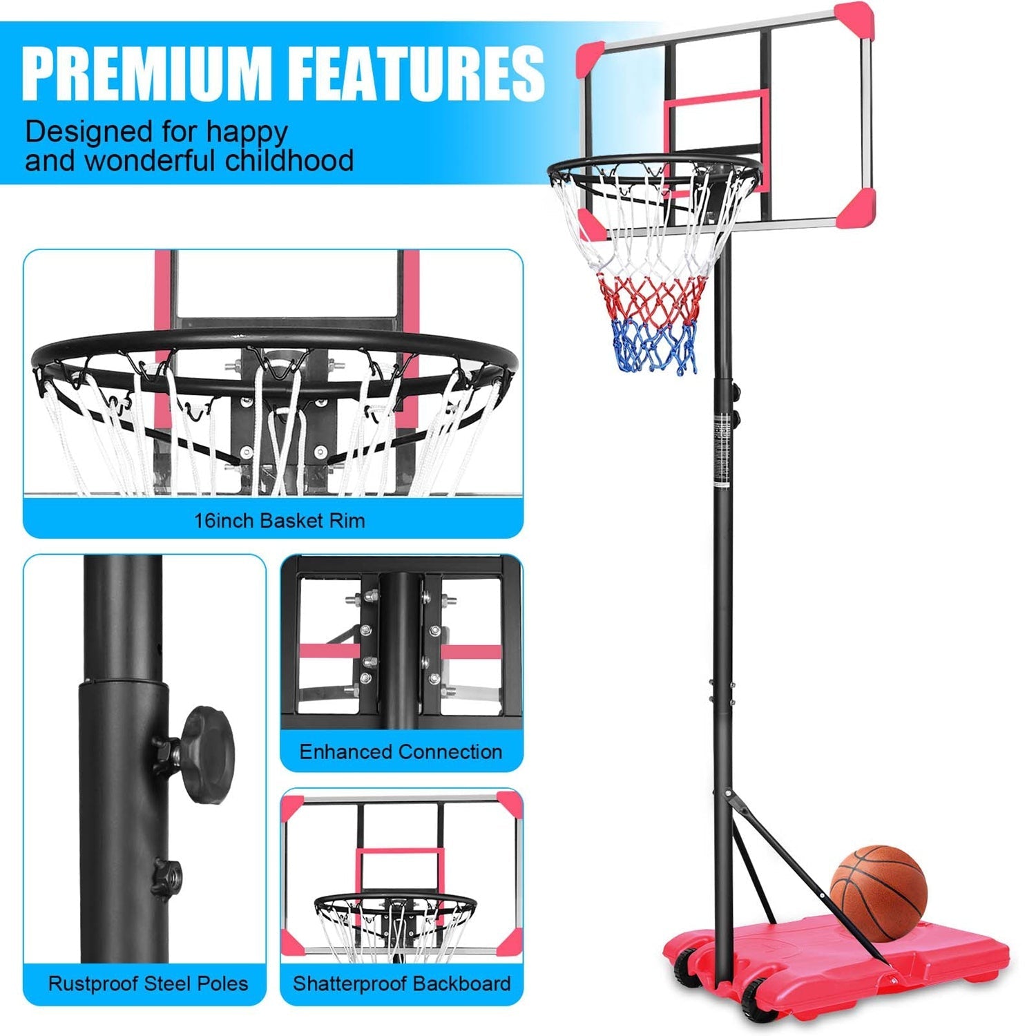 Kids Adjustable Basketball Hoop – Blue or Pink, 5.6–7 ft