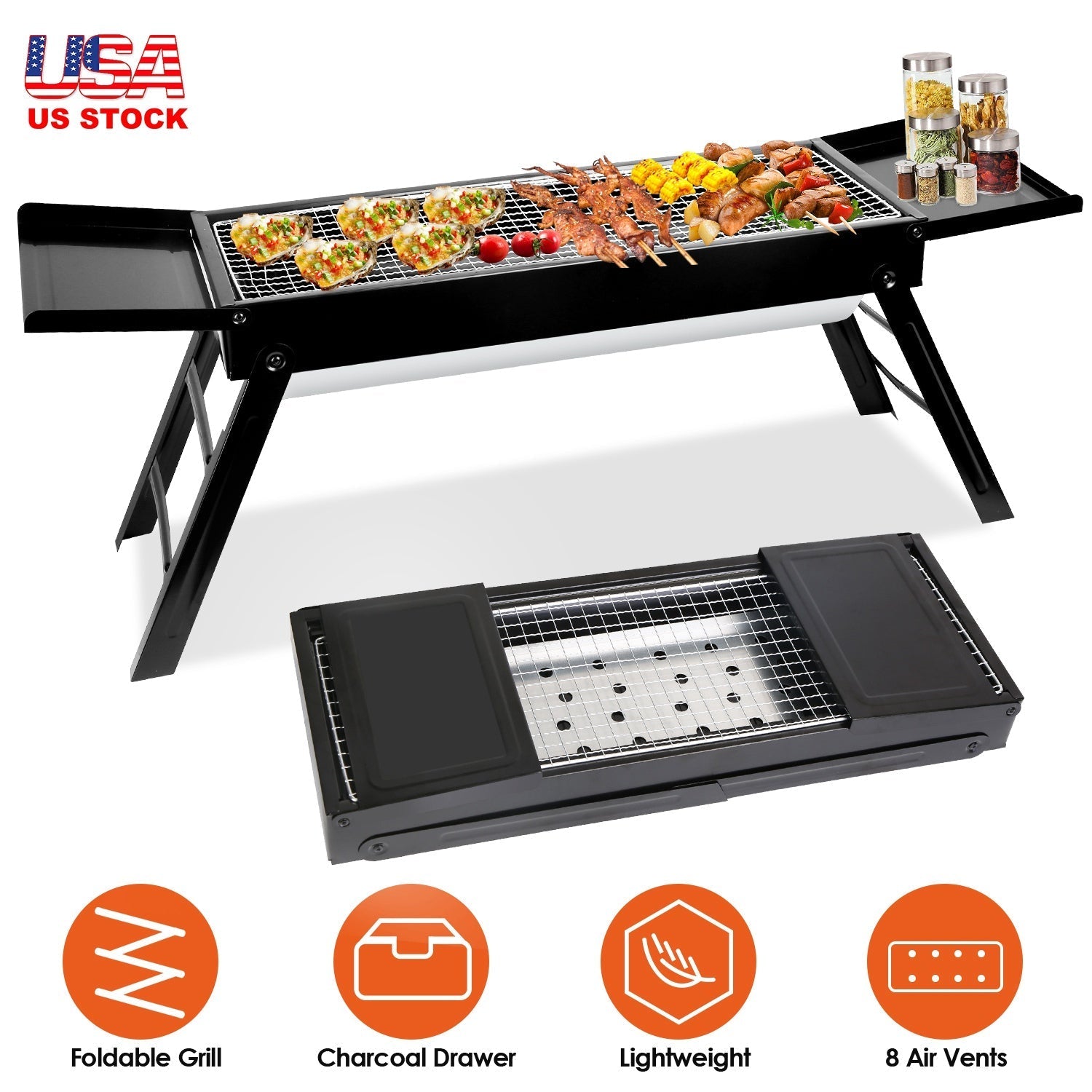 Foldable Charcoal Grill with Side Shelf – product view 3