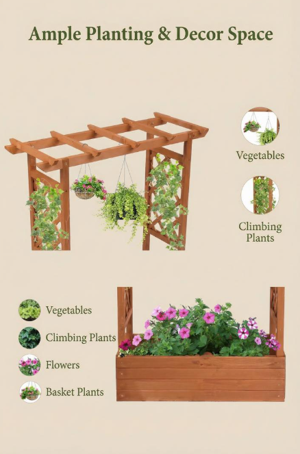 Raised Wooden Planter Box with Tall Trellis
