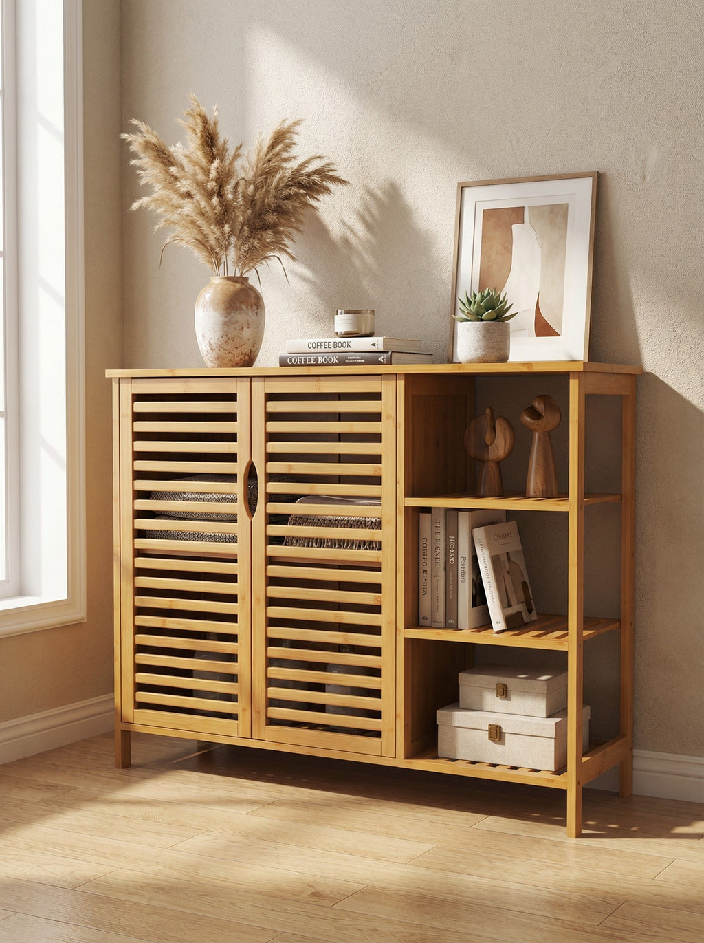 4-Tier Bamboo-Style Floor Storage Cabinet