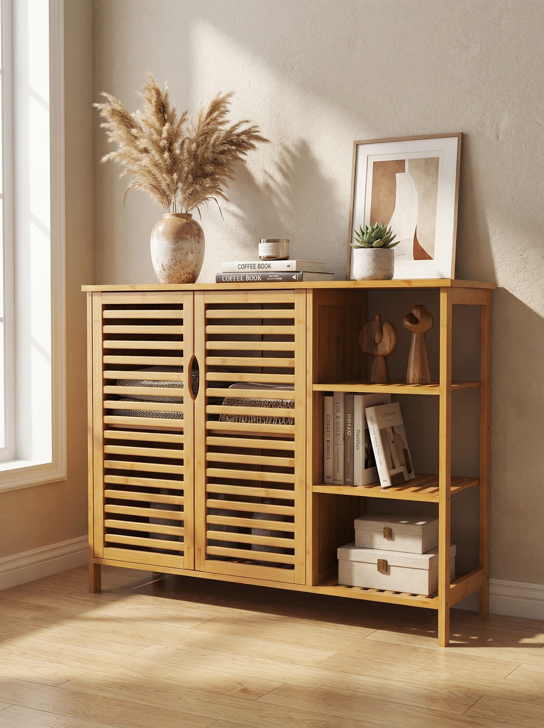 4-Tier Bamboo-Style Floor Storage Cabinet