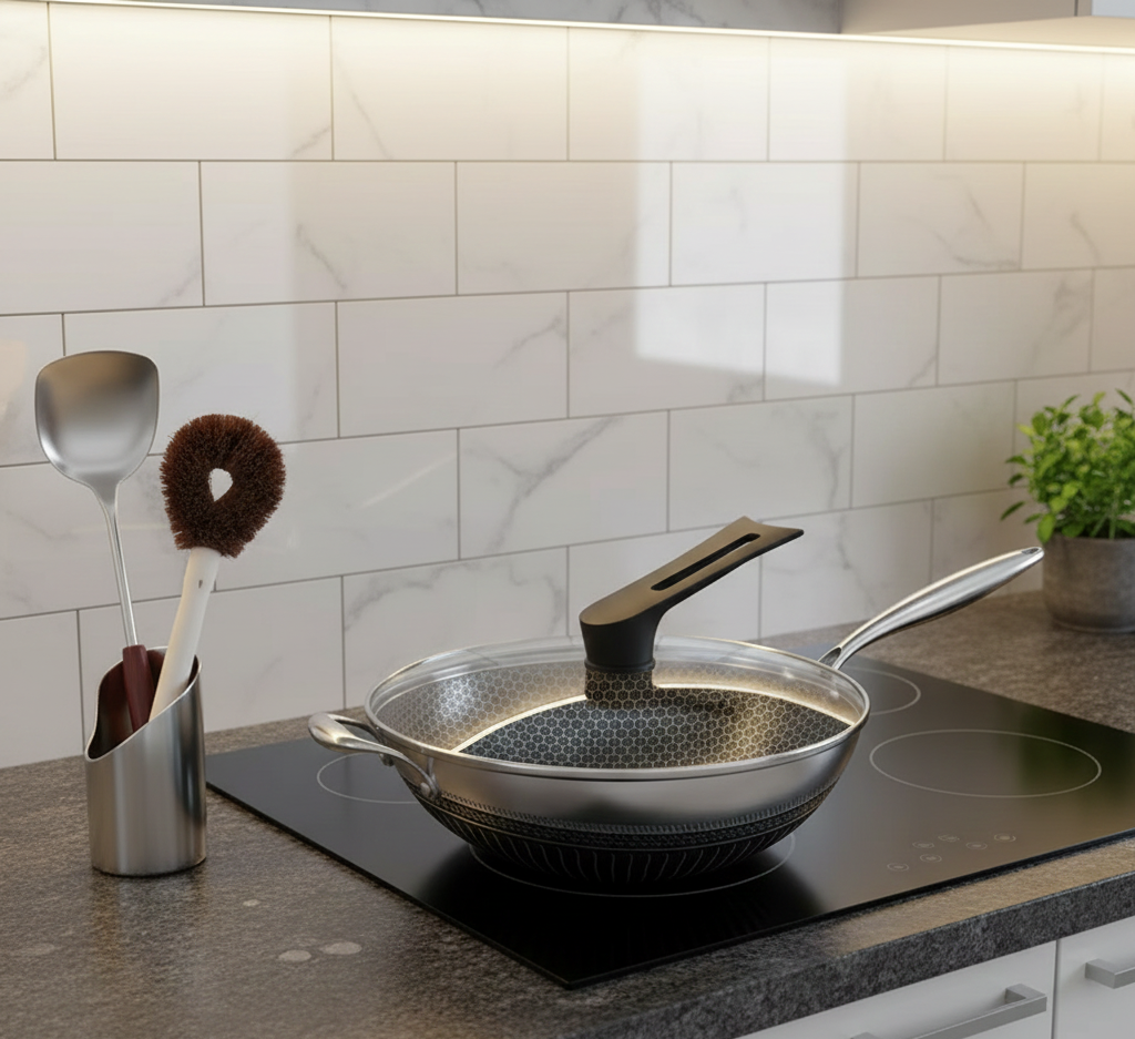 13.3" Stainless Steel Wok Set with Lid & Spatula