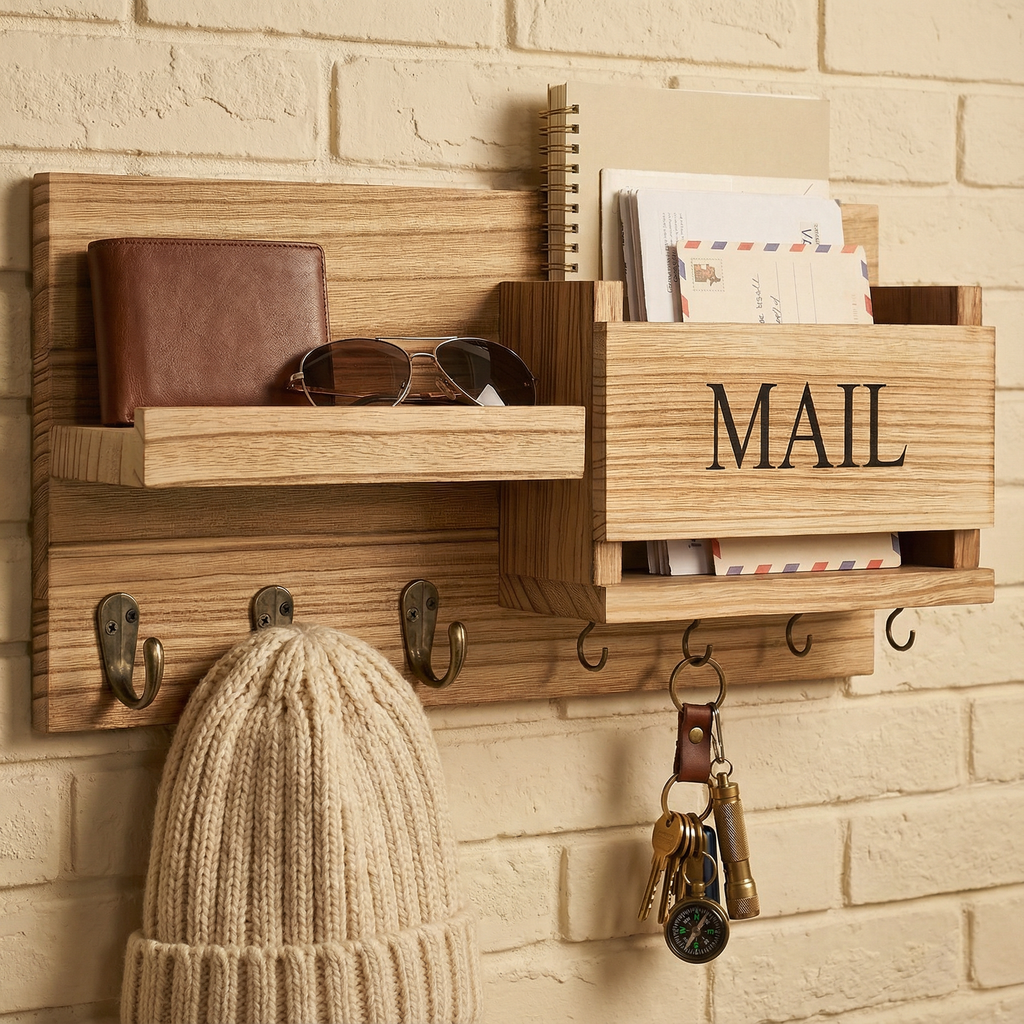 Vintage Wood Wall Organizer with Hooks & Mail Rack