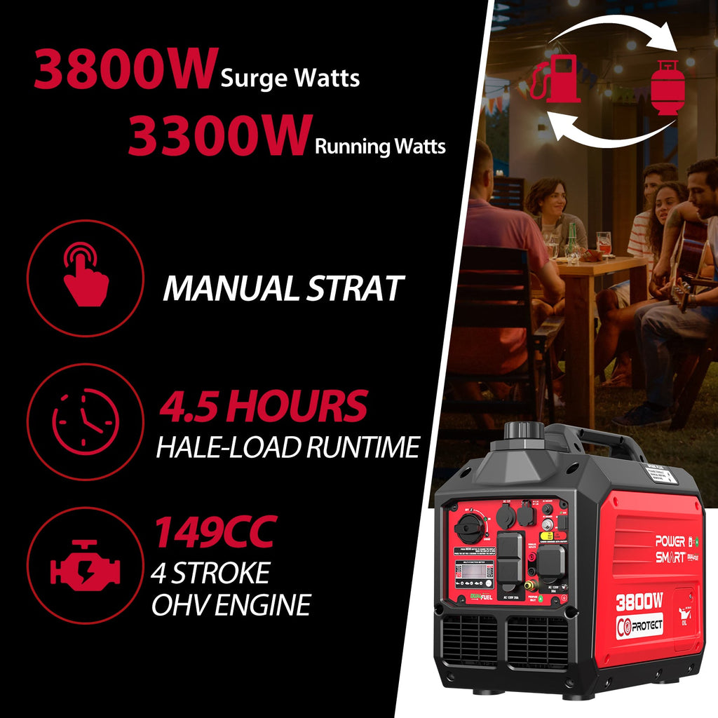 3800W Gas/Propane Dual Fuel Inverter Generator w/ CO Alert HB5040DC