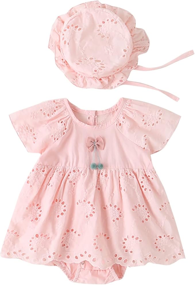 Baby Girl Cotton Romper Dress with Matching Sun Hat