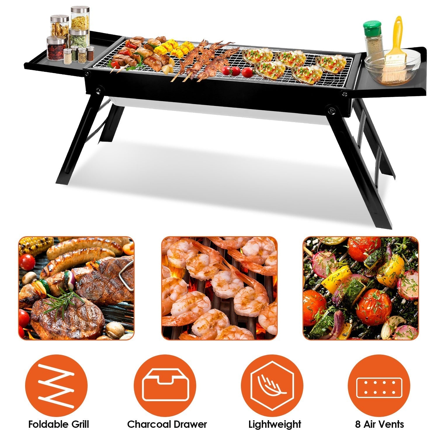 Foldable Charcoal Grill with Side Shelf – product view 4