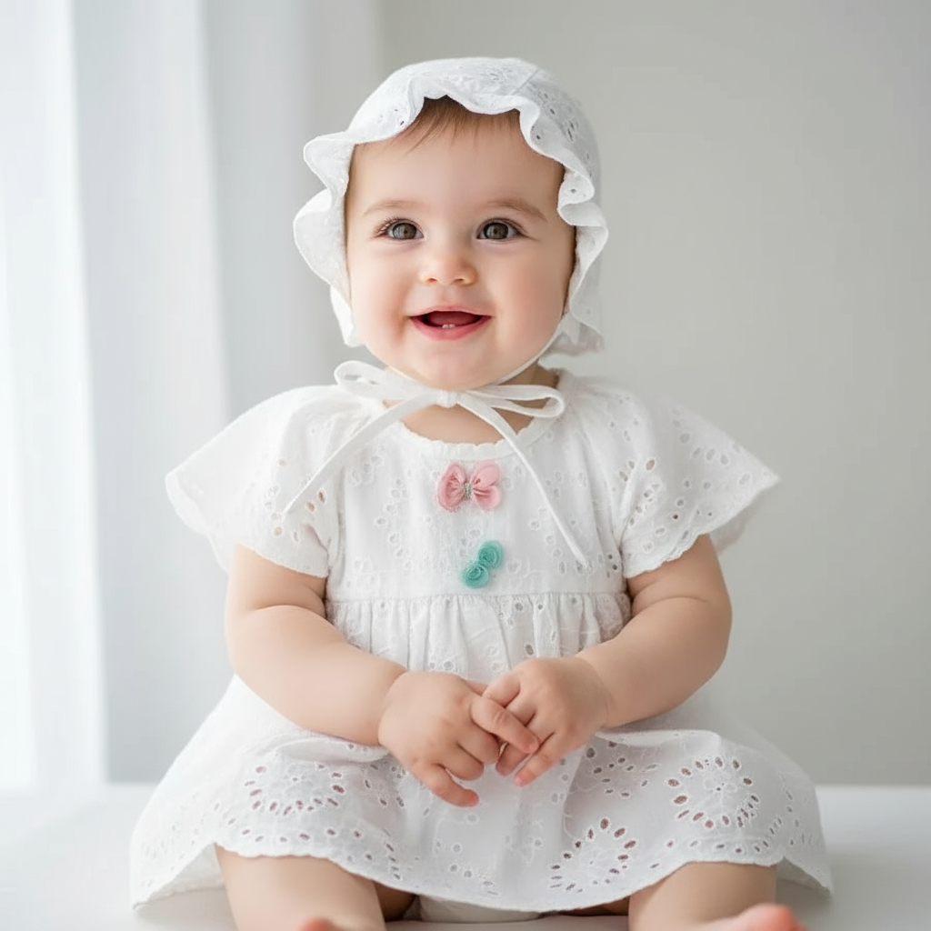 Baby Girl Cotton Romper Dress with Matching Sun Hat
