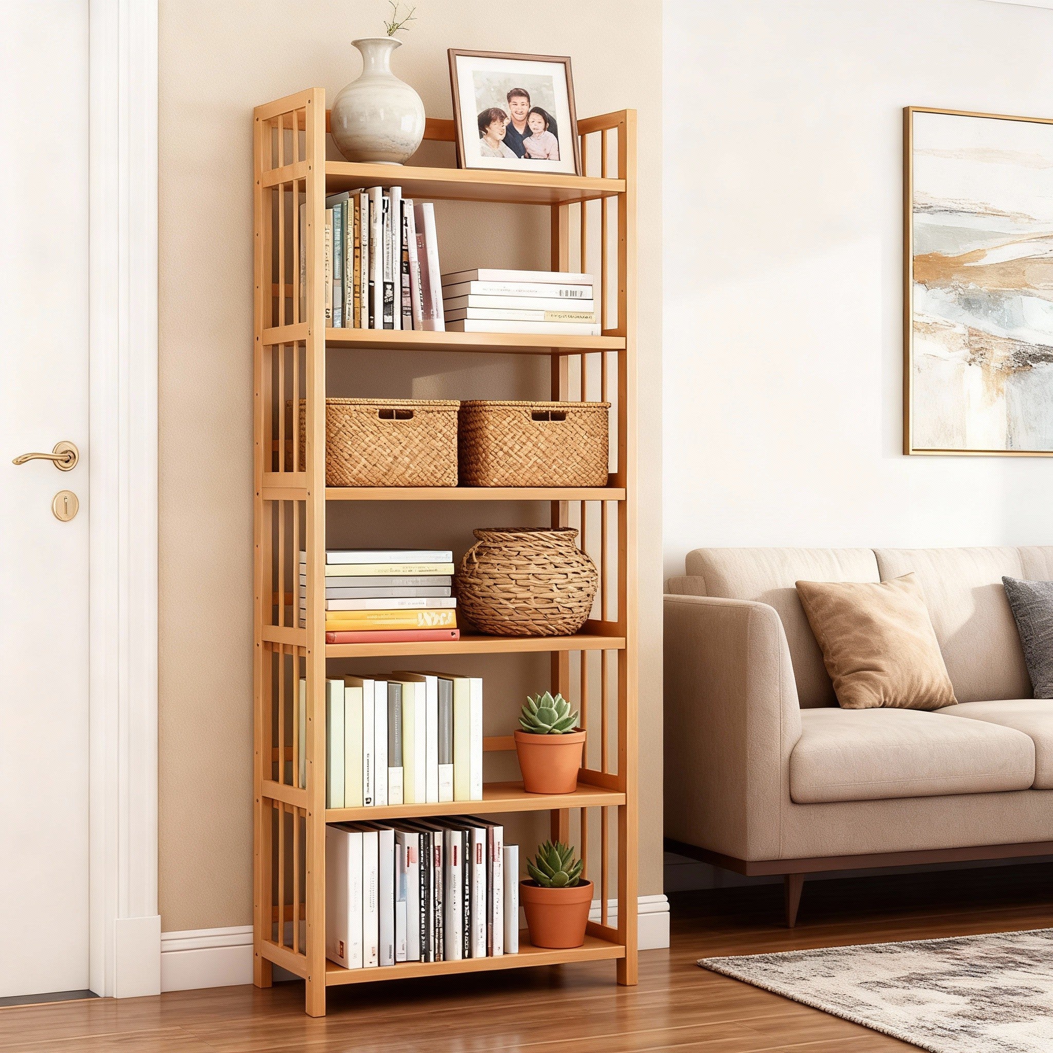 Tall Bamboo Bookshelf with Adjustable Shelves