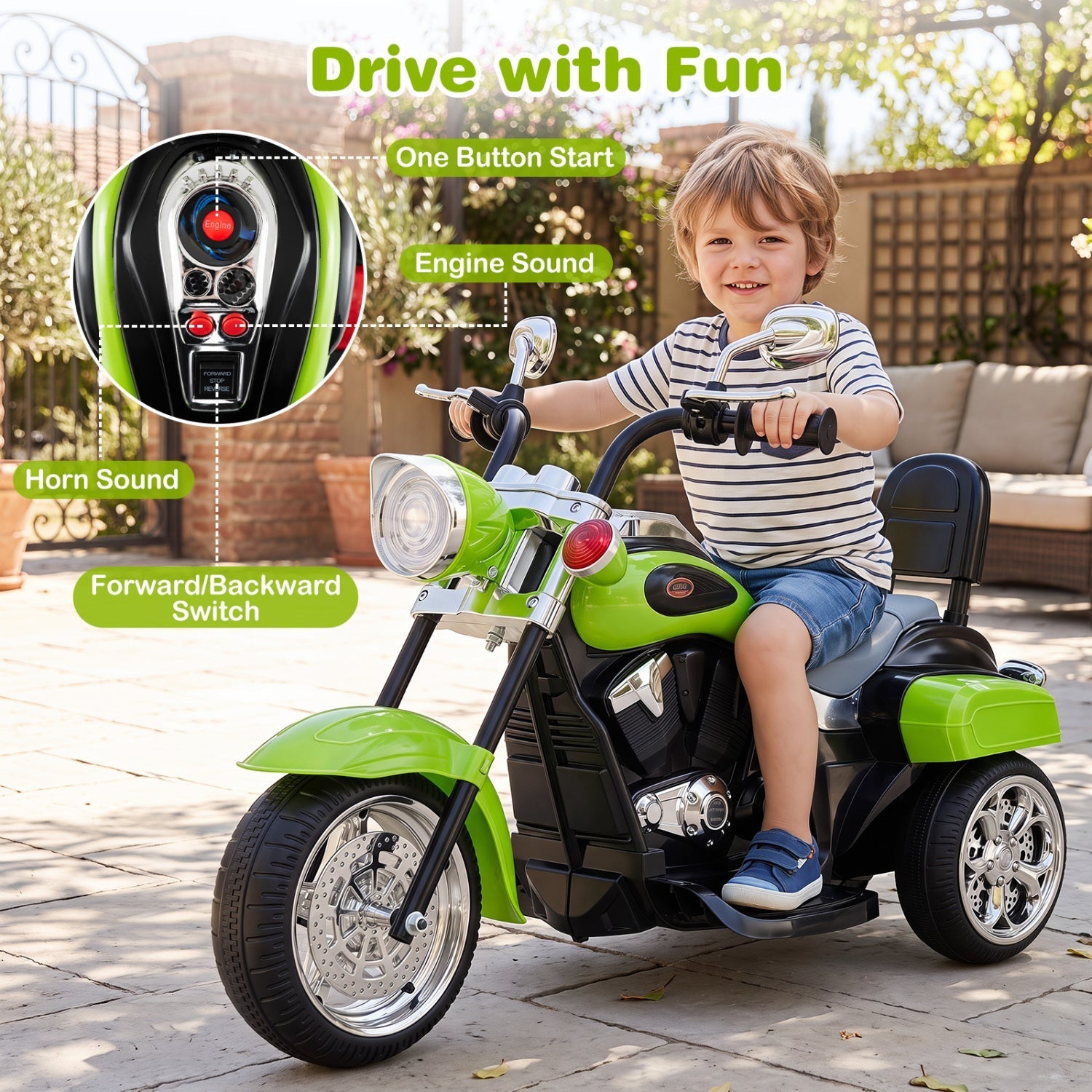 3-Wheel Electric Motorcycle Ride-On Toy for Toddlers 3+