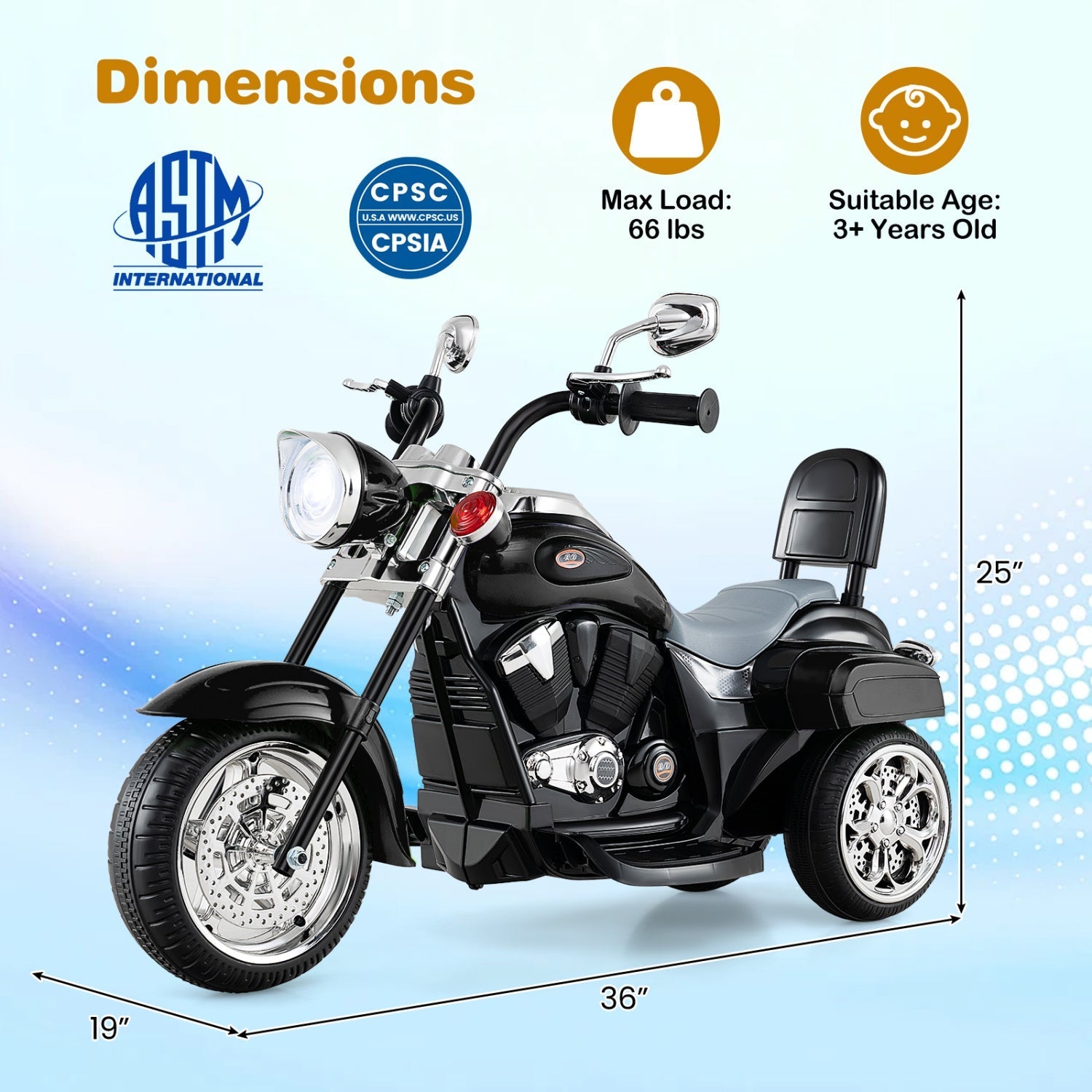 3-Wheel Electric Motorcycle Ride-On Toy for Toddlers 3+