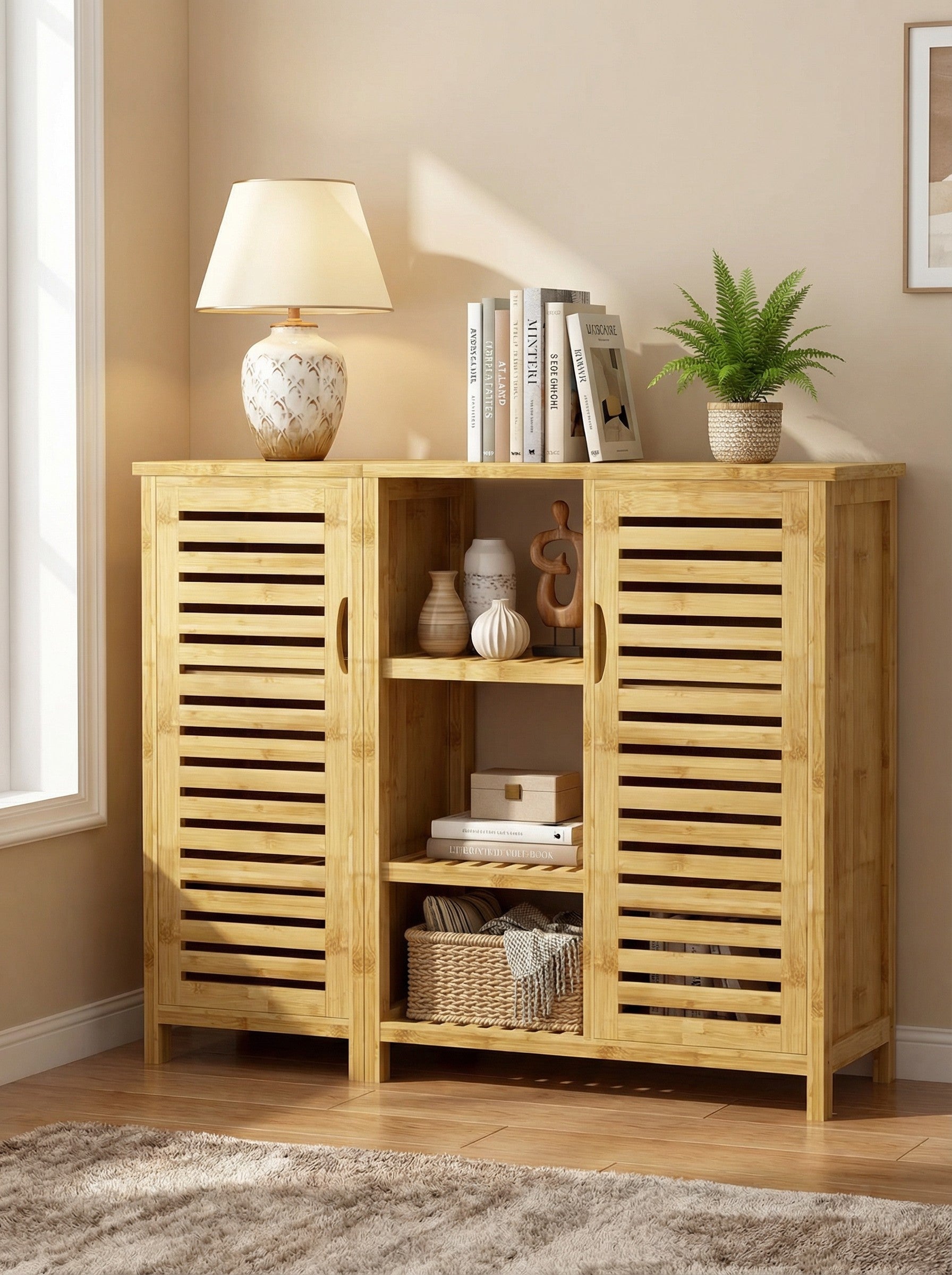 4-Tier Bamboo-Style Floor Storage Cabinet