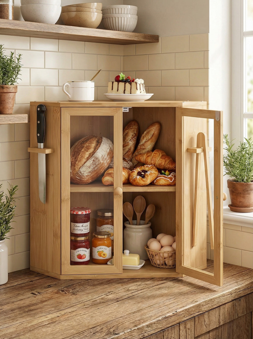 2-Tier Bamboo Bread Box with Clear Doors