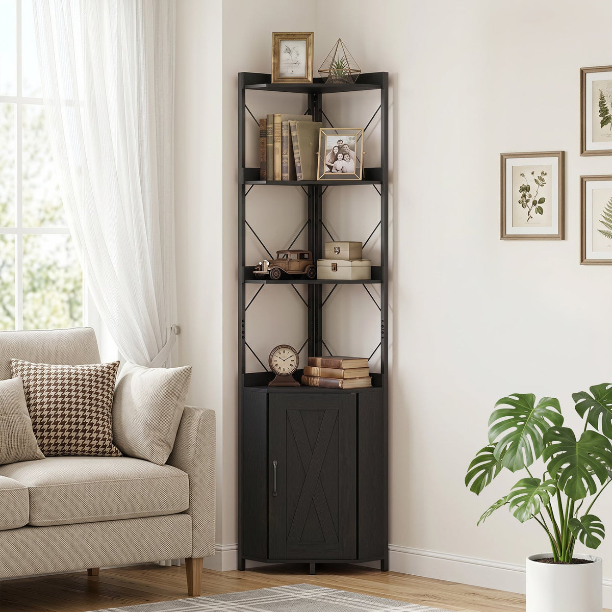 71-Inch 6-Tier Corner Bookshelf with Cabinet