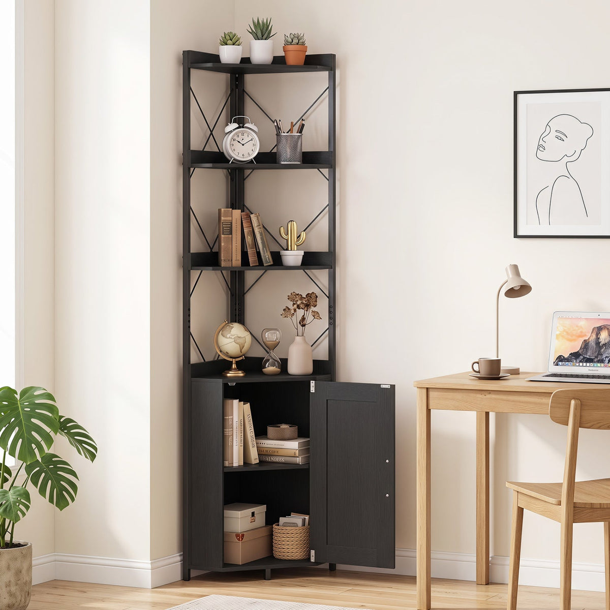 71-Inch 6-Tier Corner Bookshelf with Cabinet