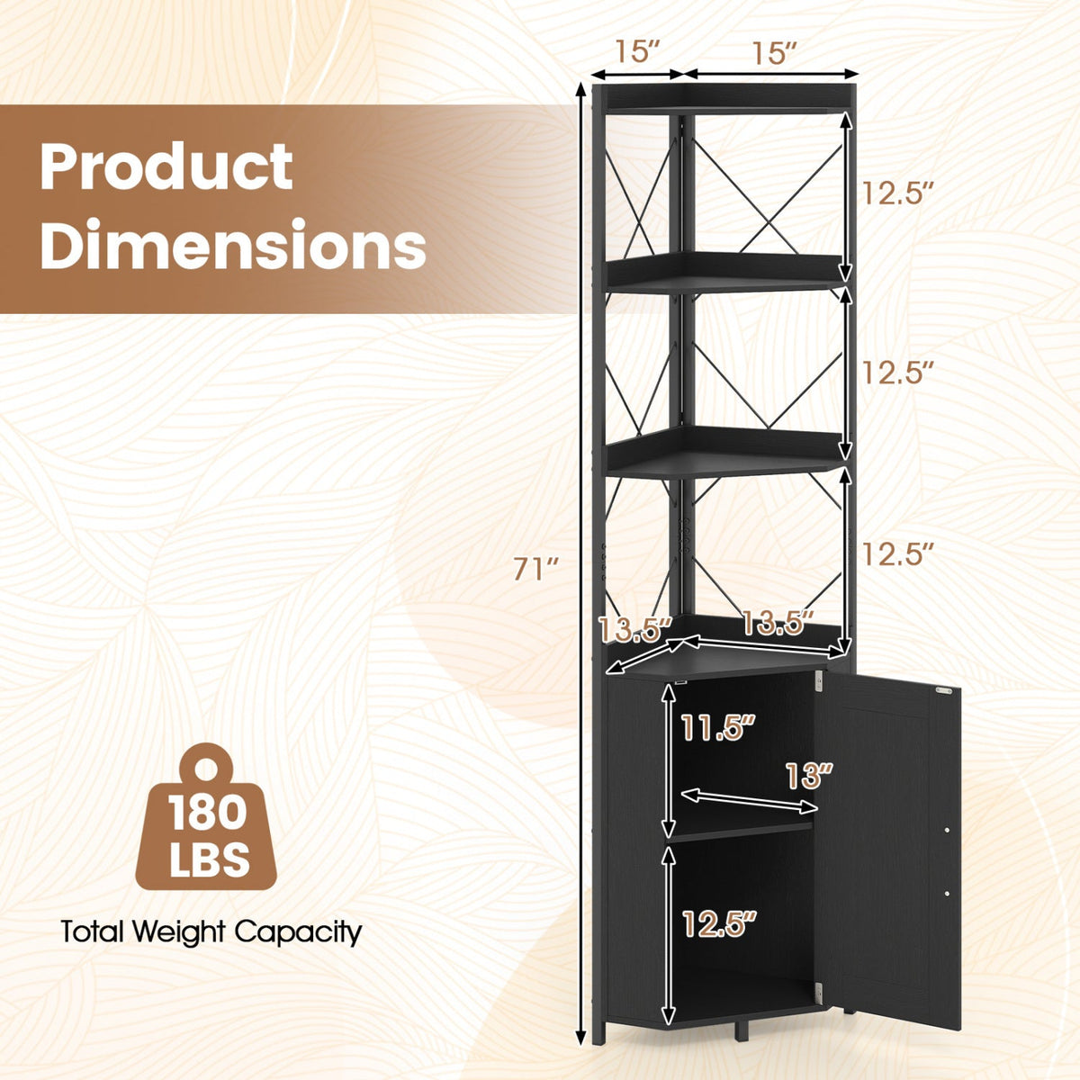 71-Inch 6-Tier Corner Bookshelf with Cabinet