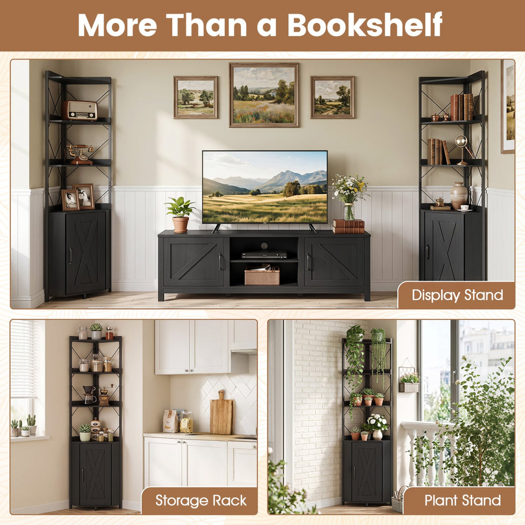71-Inch 6-Tier Corner Bookshelf with Cabinet