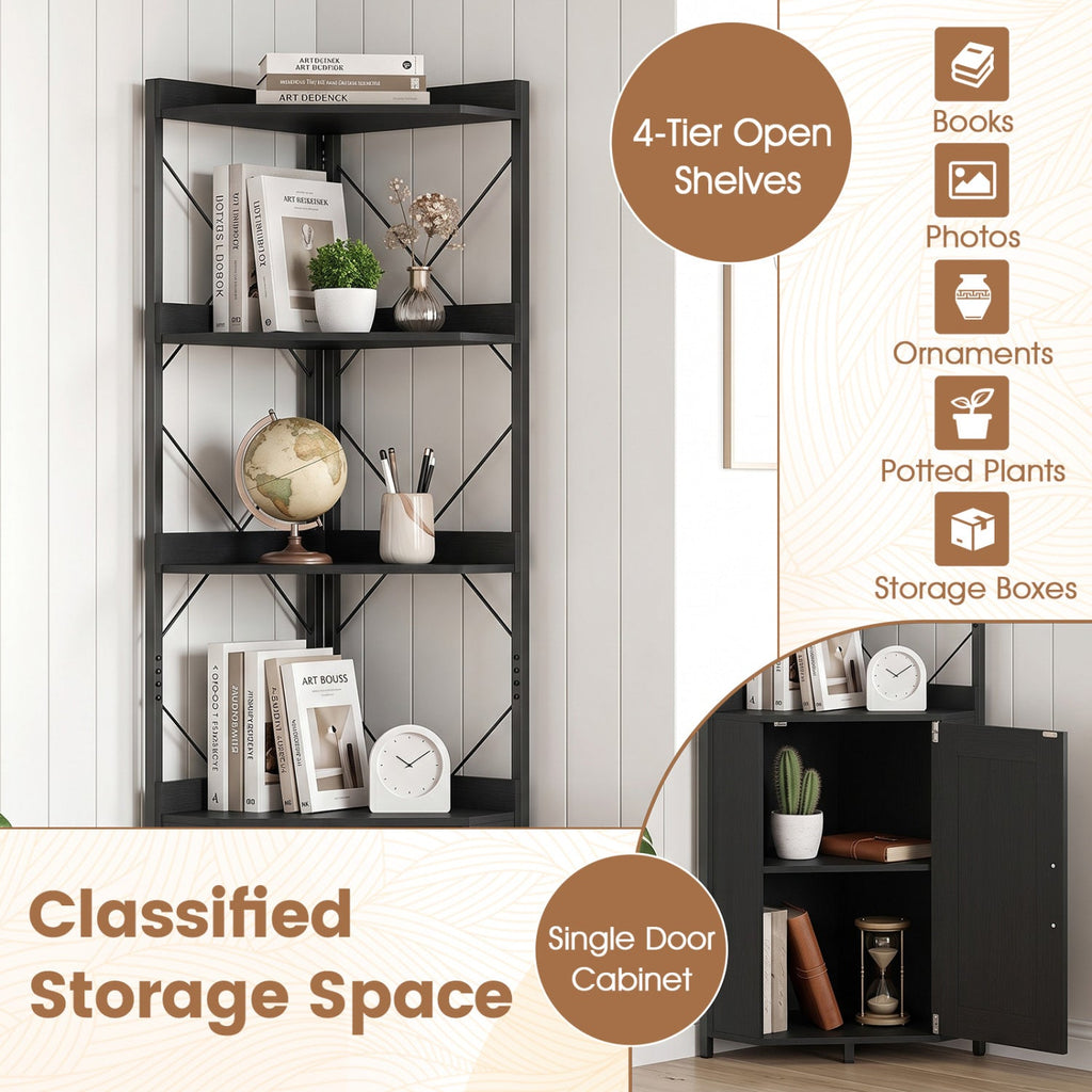 71-Inch 6-Tier Corner Bookshelf with Cabinet