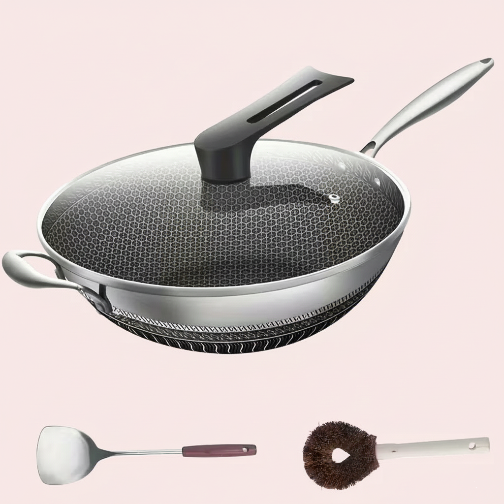 13.3" Stainless Steel Wok Set with Lid & Spatula