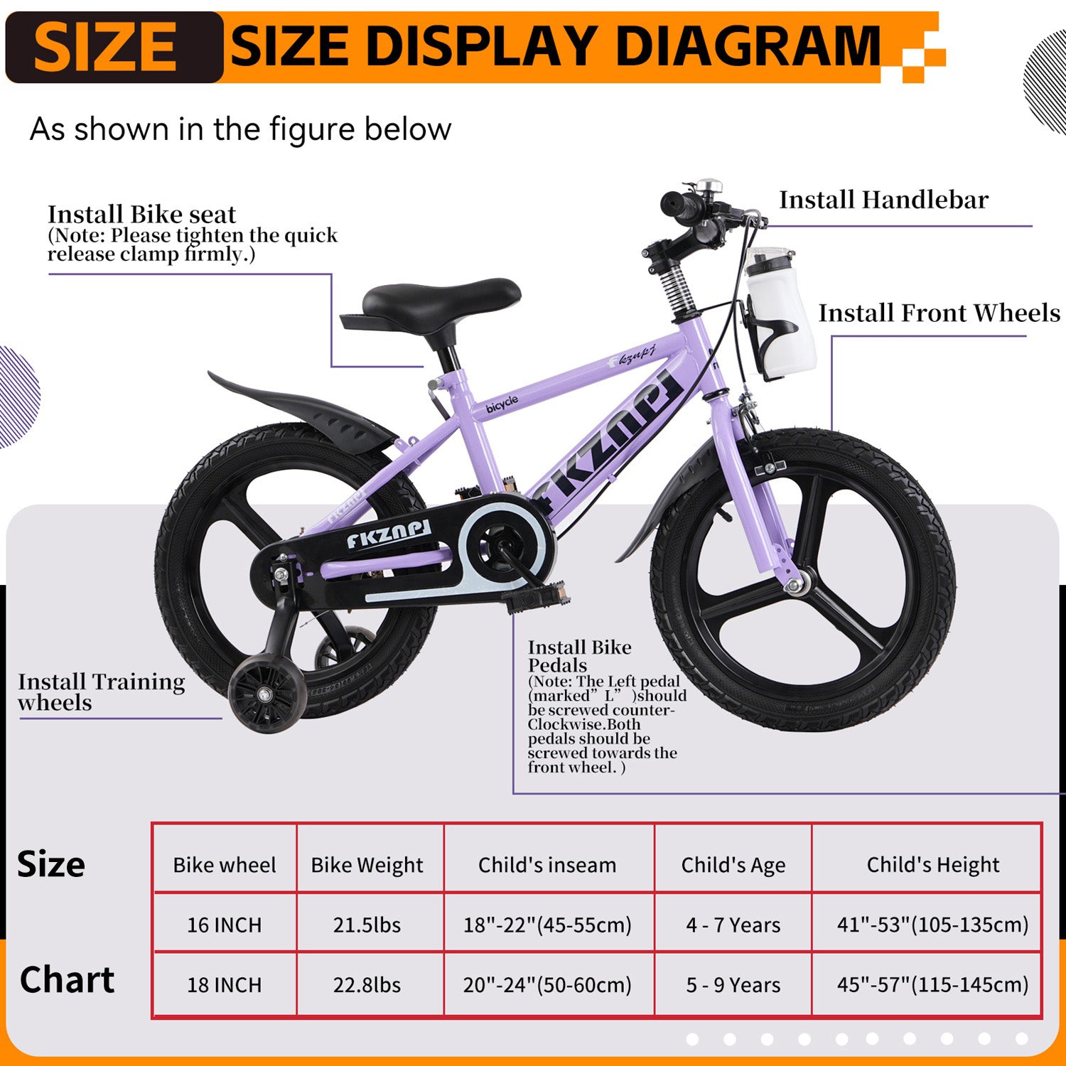 16–18 Inch Kids Bike with Training Wheels – Pink or Purple