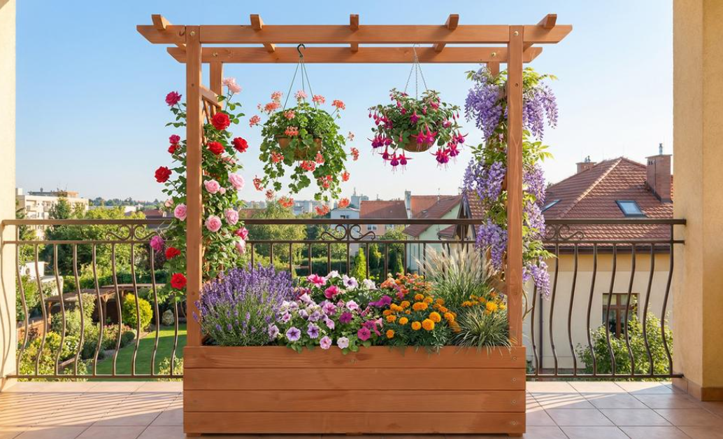 Raised Wooden Planter Box with Tall Trellis
