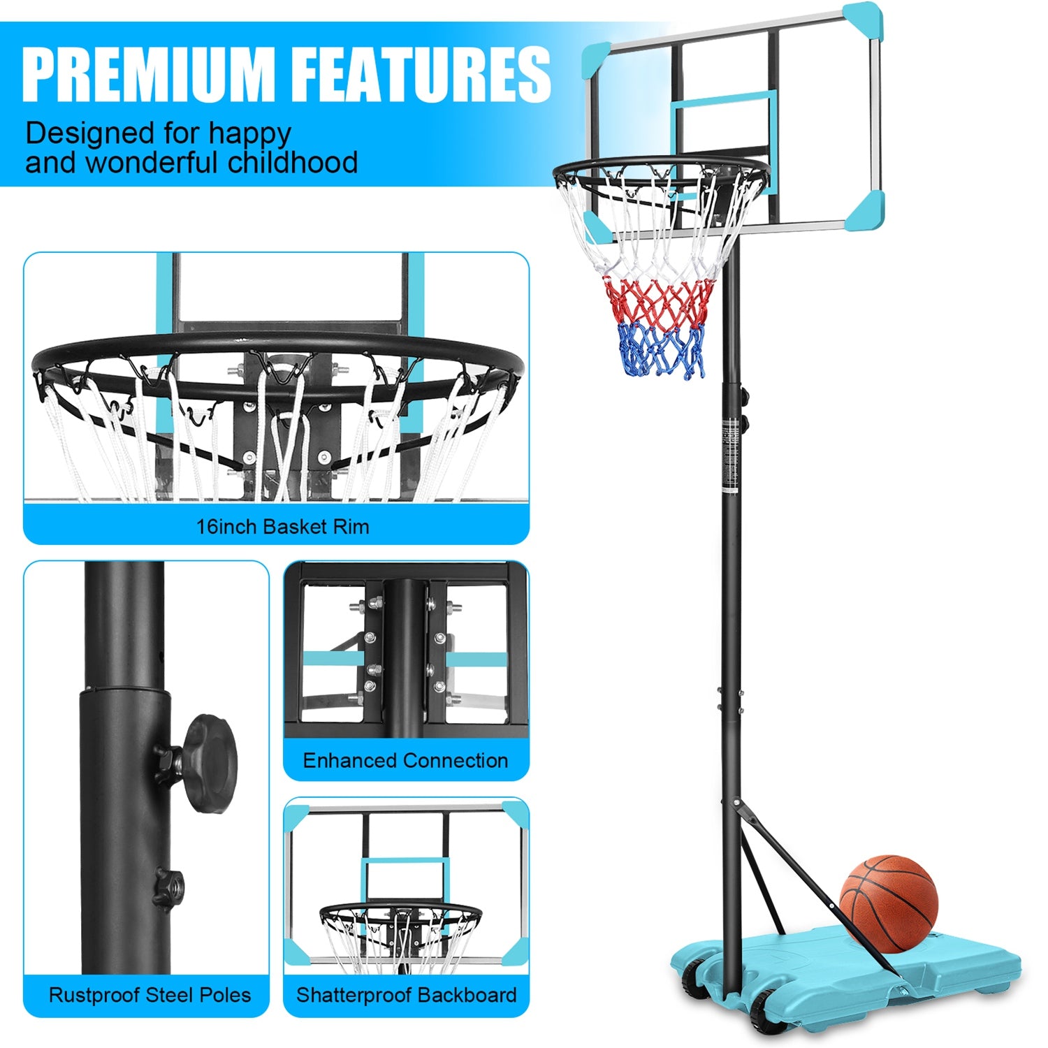 Kids Adjustable Basketball Hoop – Blue or Pink, 5.6–7 ft
