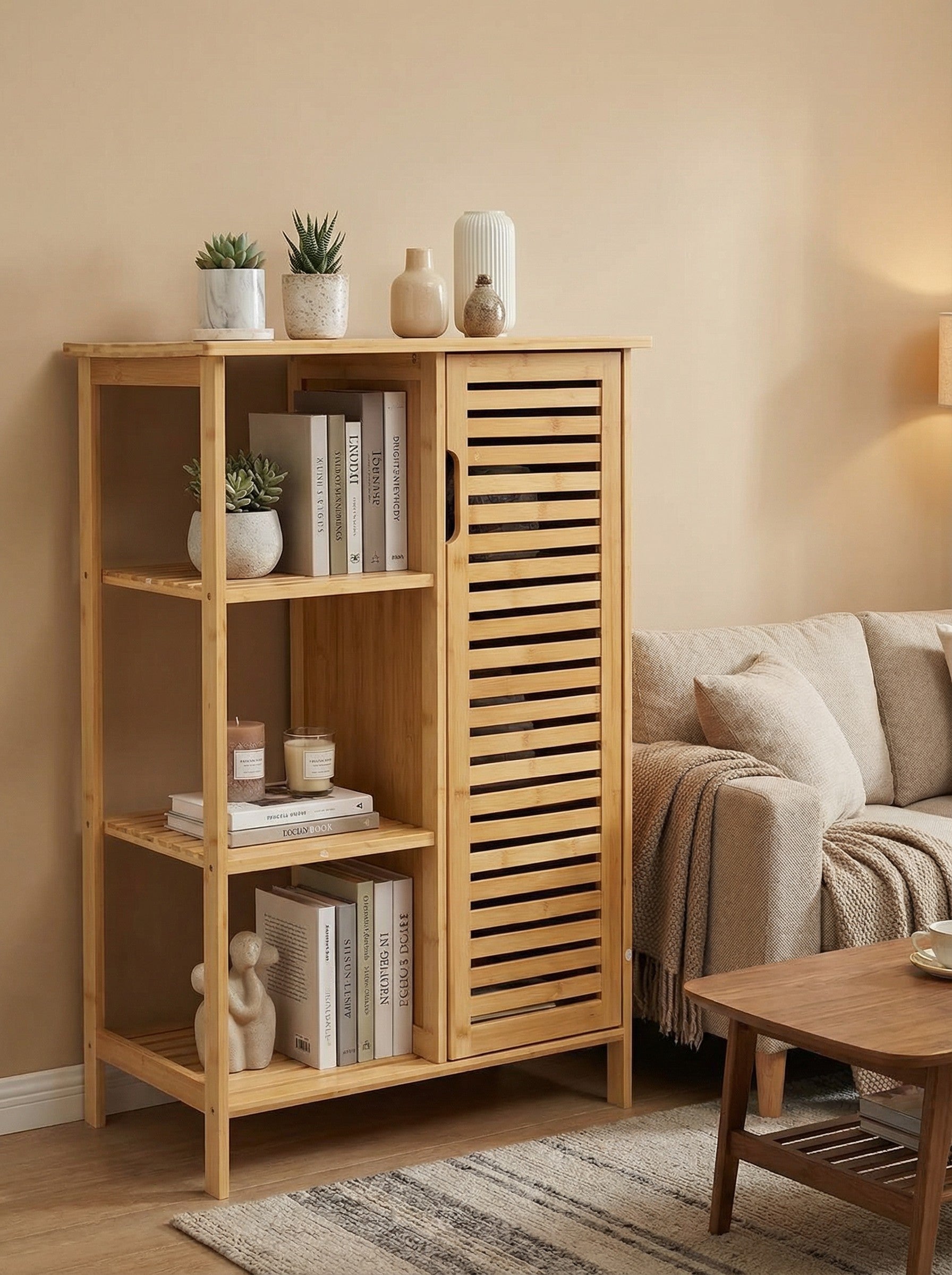 4-Tier Bamboo-Style Floor Storage Cabinet